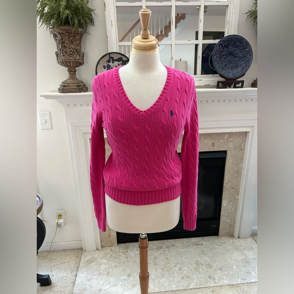 Ralph Lauren Fuchsia Cable-Knit V-Neck Sweater